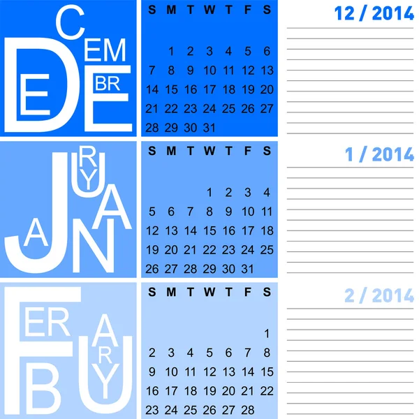 Яззі календар зима 2014 — стоковий вектор