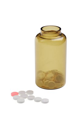 Open brown jar with arrow of pills clipart