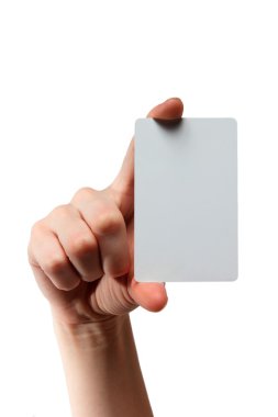 işadamı'nın eli boş plastik kart, closeup izole holding