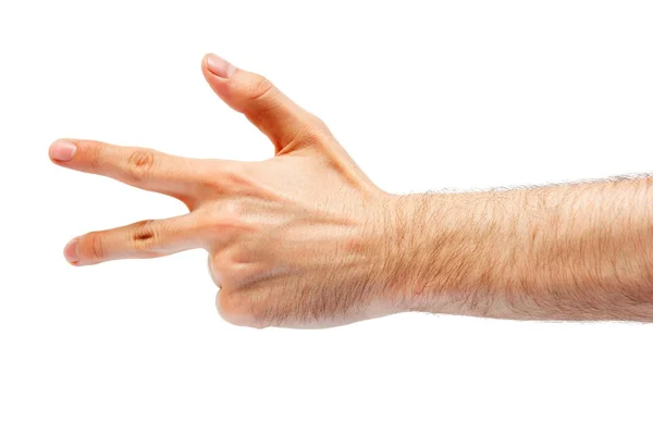 Рука людини, що показує знак на білому ізольованому фоні — стокове фото