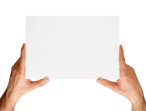 Placa de anúncio em mãos sobre um fundo branco — Fotografia de Stock