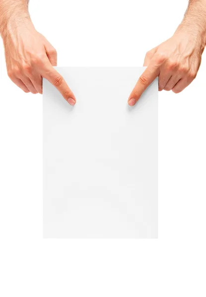 Mãos dos homens mostrando um cartaz em branco — Fotografia de Stock
