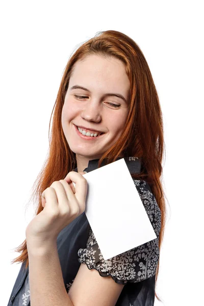 Ung glad kvinna med stora vita kort — Stockfoto