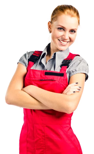 Young happy woman in red overalls — Stock Photo, Image