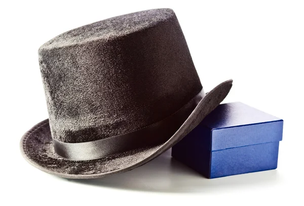 Chapéu superior preto e caixa de presente — Fotografia de Stock