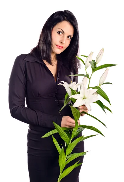 Portrait of beautiful woman with white lily — Stock Photo, Image