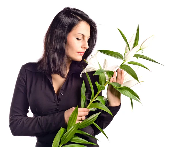 Portrait of beautiful woman with white lily — Stock Photo, Image