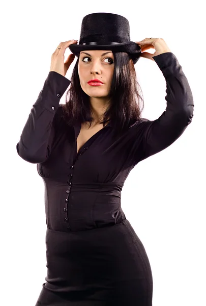 Young beautiful woman in black tophat — Stock Photo, Image