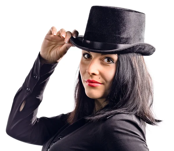 Young beautiful woman in black tophat — Stock Photo, Image