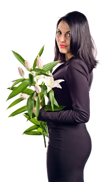 Fehér liliom gyönyörű nő portréja — Stock Fotó