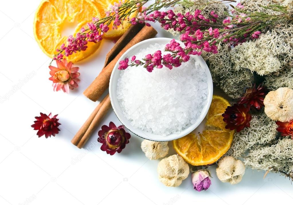 Sea salt with dried fruits, plants and flowers