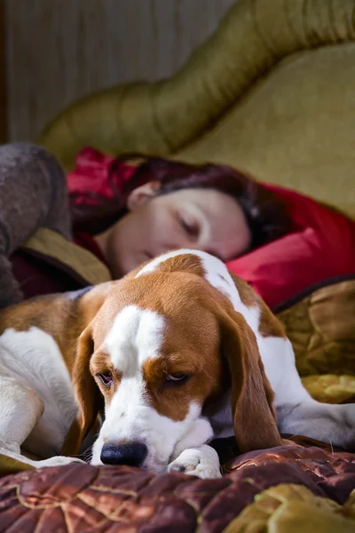 Femme endormie et son chien — Photo