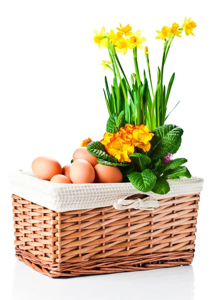 Basket with spring flowers and eggs — Stock Photo, Image