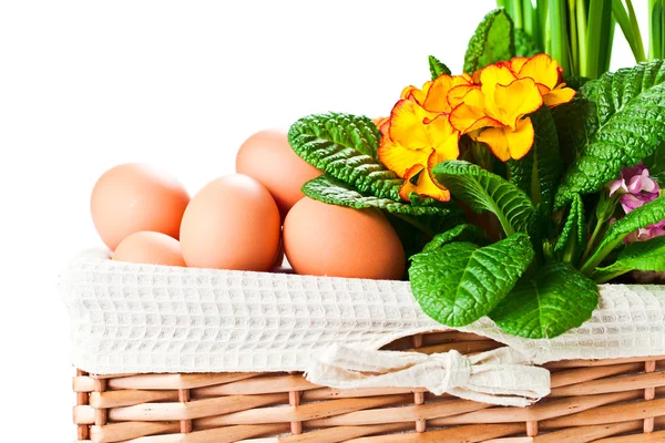 Basket with spring flowers and eggs — Stock Photo, Image