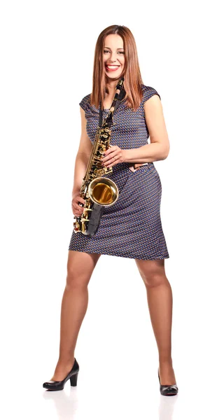 Woman with saxophone isolated on white — Stock Photo, Image