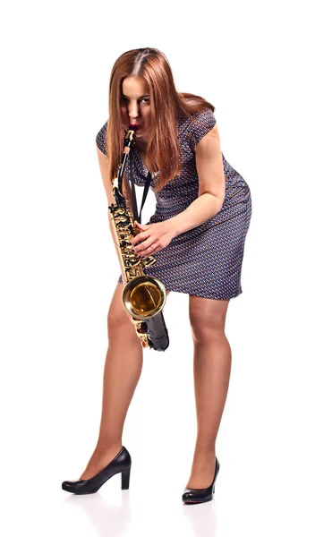 Mulher com saxofone isolado em branco — Fotografia de Stock