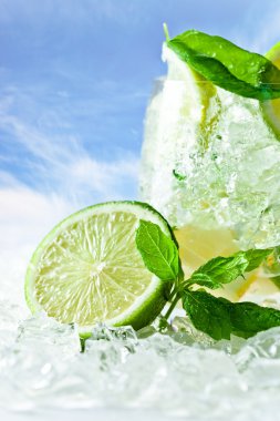 kireç parçaları ve buzlu nane yaprakları