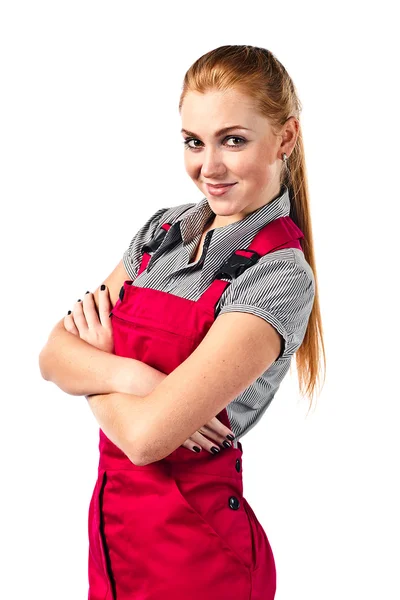 Young happy woman in red overalls — Stock Photo, Image