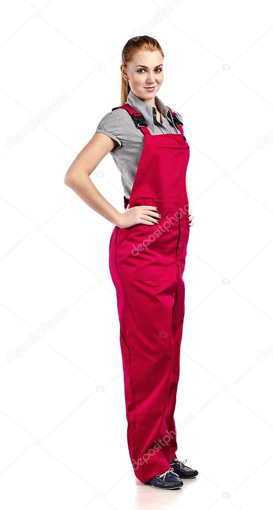 woman in red overalls , isolated on white