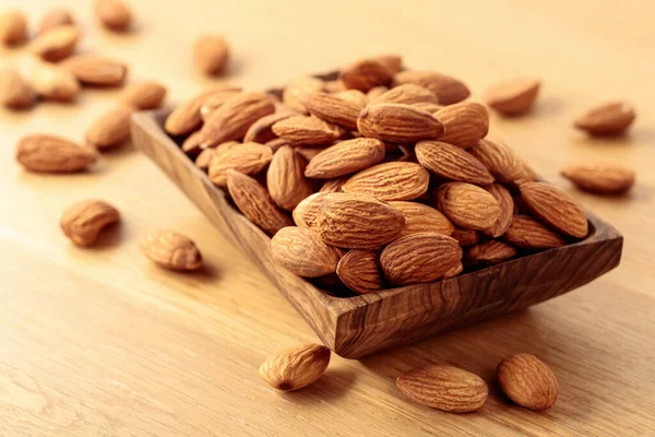 Almonds Old Wooden Dish Selective Focus — Stock Photo, Image