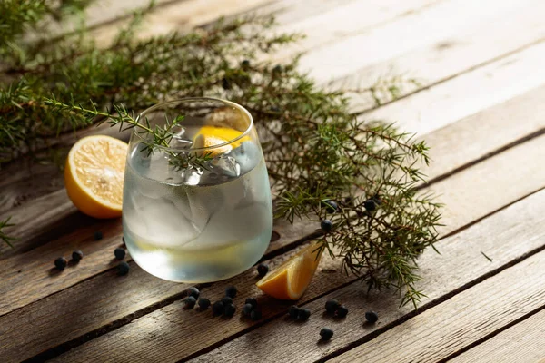 Gin Tonic Cocktail Mit Zitrone Wacholderzweig Und Eis Auf Rustikalem — Stockfoto