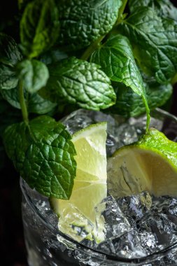 Mojito kireç, buz ve koyu arka plan üzerine nane ile kokteyl içki. Seçici odak .
