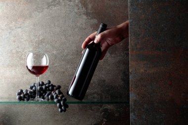 Bir şişe kırmızı şaraba uzanır. Pahalı şarapların konsepti. Metnin için boş yer.