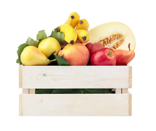 Fresh Fruits Wooden Box Isolated White Background Apples Bananas Melon — Stock Photo, Image