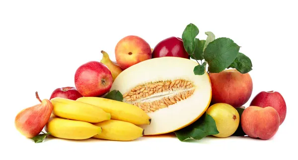 Färska Frukter Isolerade Vit Bakgrund Äpplen Bananer Melon Päron Och — Stockfoto