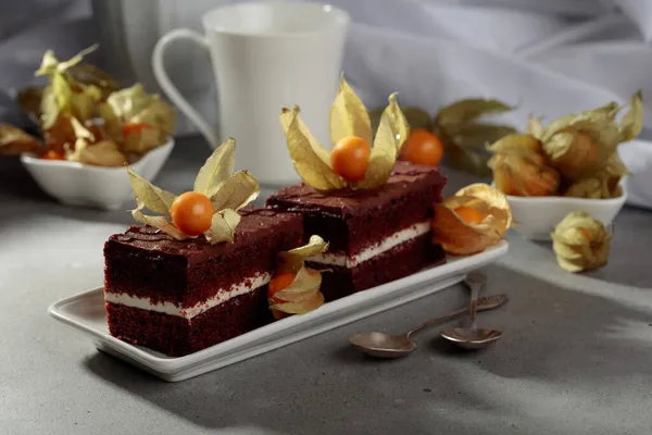 Schokoladenkuchen Mit Physalis Auf Einem Grauen Tisch — Stockfoto