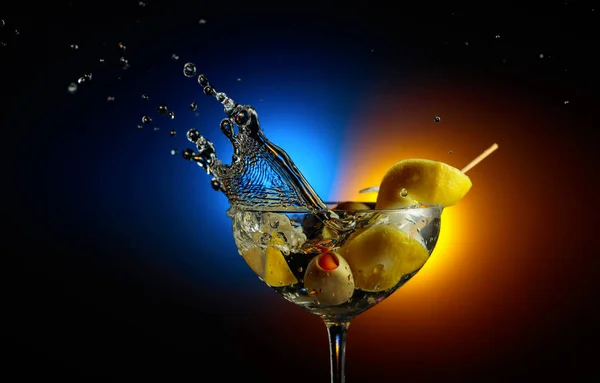 Martini Green Olives Lemon Splashes Dark Background Colorful Backlight Copy — Stock Photo, Image