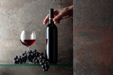 Bir şişe kırmızı şaraba uzanır. Pahalı şarapların konsepti. Metnin için boş yer.