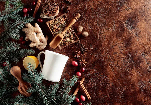 Taza Blanca Ingredientes Para Hacer Una Bebida Caliente Invierno Sobre — Foto de Stock