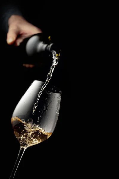 Pouring White Wine Glass Goblet Black Background Copy Space — Stock Photo, Image