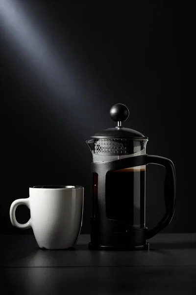 French Press Coffee Cup Black Table Copy Space — Stock Photo, Image