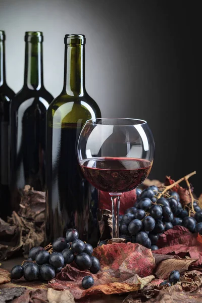 Vin Rouge Raisins Feuilles Vigne Sèches — Photo