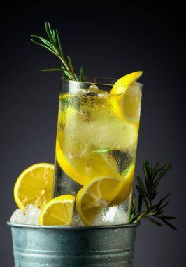 Buzlu, buzlu, limonlu ve biberiyeli cin tonik kokteyl..