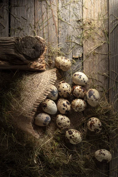 Quail Eggs Old Wooden Background Hay Top View — Stock Photo, Image