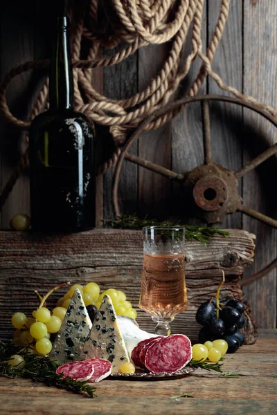 Rustic Still Life White Wine Snacks Old Wooden Table Wine — Stock Photo, Image