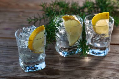 Eski ahşap masada limon, ardıç ve buz ile cin.