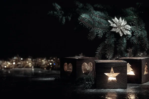 Christmas Decoration Burning Candles Small Wooden Boxes Vintage Table Copy — Stock Photo, Image