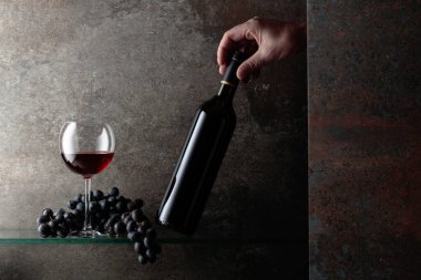Bir şişe kırmızı şaraba uzanır. Pahalı şarapların konsepti. Metnin için boş yer.