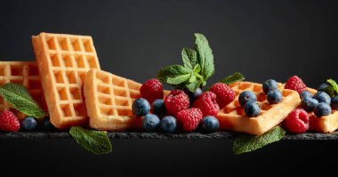 Yaban mersinli waffle, ahududu ve taze nane arkaplan. Boşluğu kopyala.