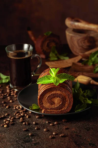 Homemade Chocolate Roll Mint Mug Black Coffee Brown Table — Stock Photo, Image