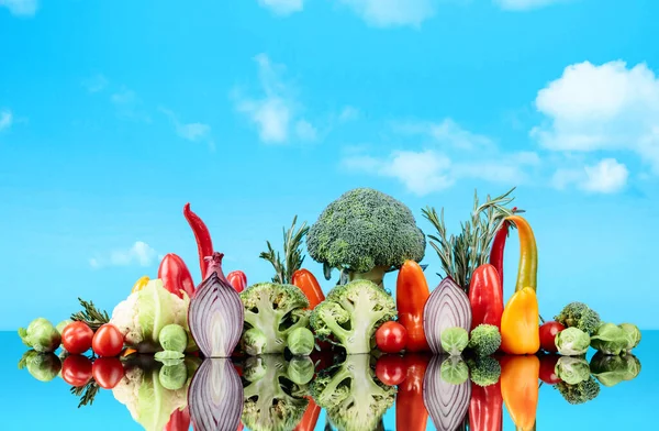 Various Raw Vegetables Background Blue Sky Conceptual Image Topic Vegetarianism — Foto Stock