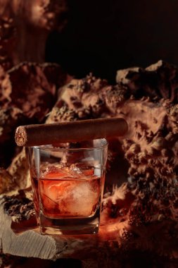 Viski kokulu buz ve puro, kurumuş bir kütüğün üzerinde. Boşluğu kopyala.