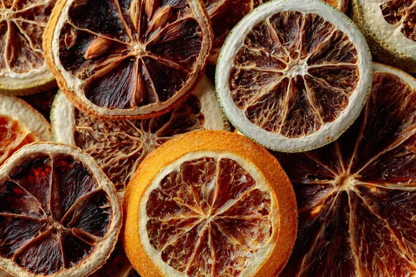 Fondo Rodajas Naranja Seca Rebanadas Fruta Crujiente Deshidratada Montón Naranjas —  Fotos de Stock