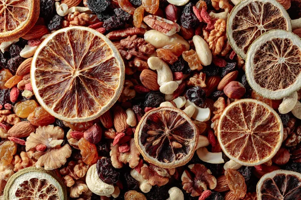 Sušené Ovoce Ořechy Prezentované Rozinky Vlašské Ořechy Mandle Goji Bobule — Stock fotografie