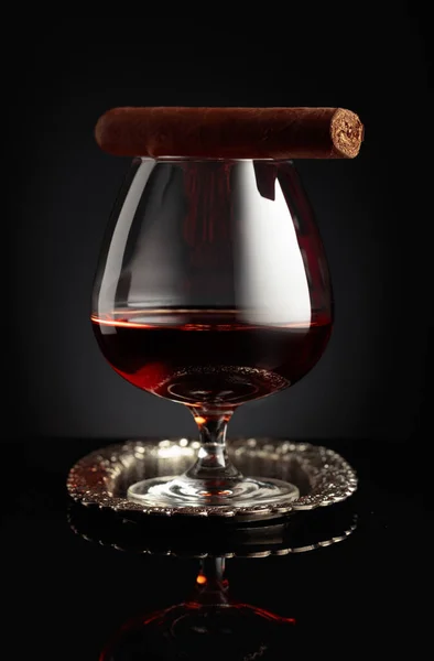 Snifter Brandy Cigar Silver Tray — Stock Photo, Image