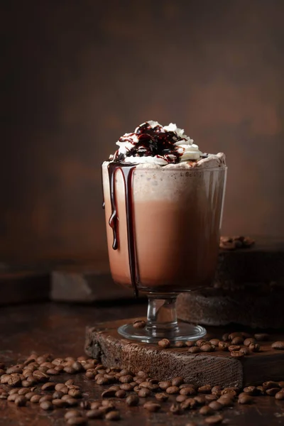 Coffee Chocolate Cocktail Whipped Cream Brown Background — Stock Photo, Image